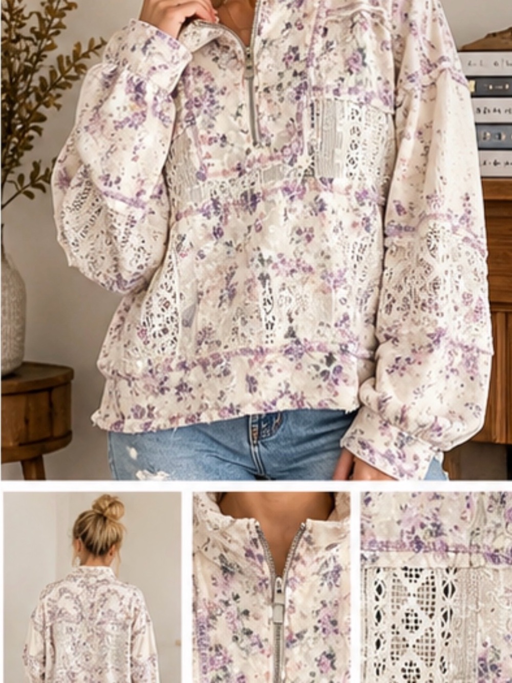 POL Floral Lace Half Zip Pullover Top Cream Lavender Size Large NWOT